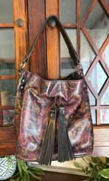Patricia Nash Otavia Leather Floral Print Hobo‎ Bag with Tassel Accents Brown Photo 0