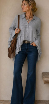 Free People Grey & White Striped Ruffled Tiered Long Sleeve Blouse Womens S Top Photo 0