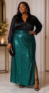 ELOQUII Sequin Midi Skirt 28 Emerald Teal Green Elastic Waist Side Slit Party Photo 0