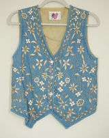 Keren Hart Vintage Denim Floral Embroidered Vest Blue Tan Boho Cottagecore Photo 0