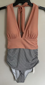 Cupshe Peach and Black White Striped Halter One Piece Swimsuit Large NWT Photo 0