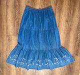 Passports Embroidered Denim Maxi Skirt XL Blue Cotton Tiered Boho Cottagecore Photo 0