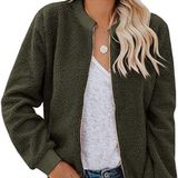 Womens‎ Mirol Sherpa Fleece bomber Faux Fuzzy Size Large Army Green Jacket Photo 0