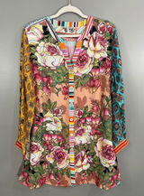 John Mark Tunic Top Womens Large Multicolor Great Floral Stripe Mixed Media Photo 0