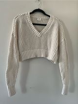 Offline by Aerie Cream Open Knit Cropped V Neck Sweater Small Chunky Coastal Photo 0