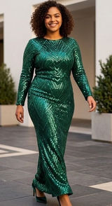 Emerald Green Sequin Geometric Chevron Maxi Dress Long Sleeve Mock Neck Gown Photo 0