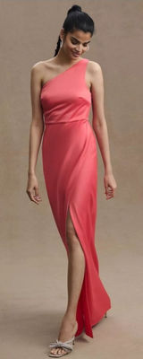 Anthropologie BHLDN Coral Dylan One Shoulder Satin Side Slit Gown Size 6 NWT‎ Photo 0