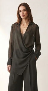 Zara Dark Green Wool Blend Draped Asymmetrical Avant Garde Long Wrap Blouse L Photo 0