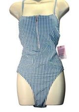 Juicy Couture Seersucker Lined Blue Gingham Zipper Front women sz L Photo 0