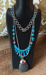 Silver Tone Faux Turquoise And Faux Charcoal Stone Necklaces, 3 Photo 0