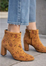 Bocage Cognac Suede Floral Embroidered Ankle Booties Block Heel EU 40 (US 9) Photo 0
