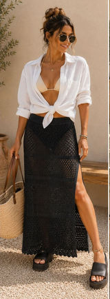 Aerie Crochet Pointelle Knit Maxi Skirt Charcoal Gray Side Slit Swim Cover Med Photo 0