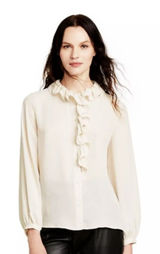 New Nili Lotan Women's XXS Long‎ Sleeve Sheer Ruffle Button Blouse Birch Ivory Photo 0