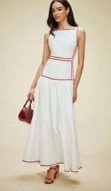 Anthropologie lovers NWT COMMENSE White and Red Trim Maxi back Bow Dress Small Photo 0