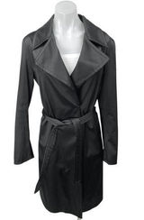 Zara Women's Black Faux Vegan Leather Belted Collar Trench Coat Rain Jacket Sz M Photo 0