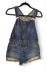 Free People Denim Overalls Romper Size: 2 Blue Zip Front Frayed Shorts Pockets Photo 0