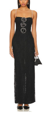 Lovers + Friends Black Lace Gown MEDIUM Maxi Dress Rhinestone Rosette $300 NEW Photo 0