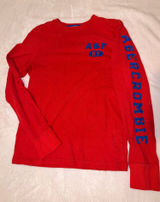 Abercrombie & Fitch Red Long-Sleeve Tee with Blue Logo Sleeve Photo 0