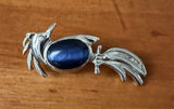 Vintage Blue Cat’s Eye Figural Brooch Silver Tone Bird Fish Chatoyant Pin Photo 0