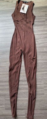 Naked Wardrobe Brown Jumpsuit Women’s V-Neck Sleeveless Ribbed Photo 0