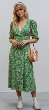 WAYF Green‎ Floral Midi Dress Women's Size M Garden Party Photo 0