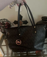 Michael Kors Dark Brown MK Signature Tote with Gold Accents Photo 0