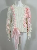 Women’s Ivory Chunky Cable Knit Sweater Pink Ribbon Bow Oversized Himekaji L Photo 0