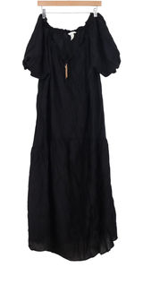 H&M Black Off Shoulder Maxi Dress XL Boho Puff Sleeve Tiered Tassel Tie Neck Photo 0