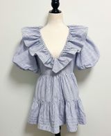 Saylor Blue White Stripe Zerina Plunging V Neck Puff Short Sleeve Mini Dress S Photo 0
