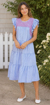 J. Marie Blue Gingham Plaid Flutter Sleeves Floral Embroidery Tiered Midi Dress Photo 0