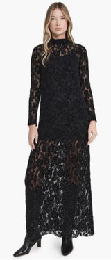 ALOHAS Tiban Black Lace Maxi Dress Mock Neck Bow Size Medium Velvet Long Sleeve Photo 0
