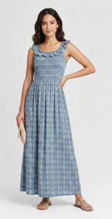 Gal Meets Glam Blue Floral Smocked Ruffle Maxi Dress 100% Cotton Size 16 Photo 0