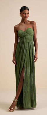 Oswin Olive Green Satin Plisse Strapless Maxi Dress Photo 0