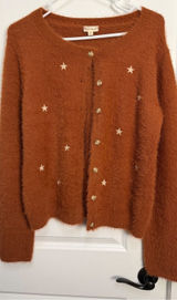 Hem & Thread Rust Orange Fuzzy Eyelash Knit‎ Star Embroidered Cardigan Sweater M Photo 0