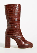 SCHUTZ Raff Croc-Embossed Leather Platform Boots US Size 6 B Brown Mid‎ Calf Photo 0
