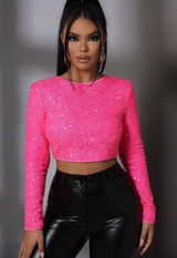 SHEIN Sequin High Neck Long Sleeve Crop Top Glitter Bright Hot Pink Womens Large Photo 0