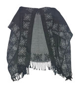 Fuzzy Oversized Layering Ruana Wrap Black Gray Floral Boho Fringe Cape Shawl OS Photo 0