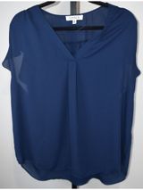 Chaus New York Navy Sheer Chiffon V Neck Blouse Womens XL Cap Sleeve Photo 0