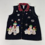 CB Career Sweater‎ Vest Womens Large Black Snowman Plaid Collar Ugly Christmas Photo 0