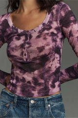 Anthropologie Pilcro Purple‎ Tie Dye Henley Top Andie Soft Casual Long sleeve Photo 0