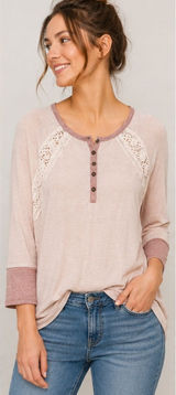 Umgee Blush Henley with Cream Crochet Shoulder Panels and Mauve Contrast Cuffs Photo 0