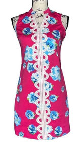 Mud Pie Pink Floral Sleeveless Shift Dress White Crochet Lace Trim XS Photo 0