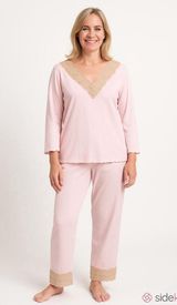 Cabernet Pink Tan Lace Trim Sleepwear Two Piece Pajama Set Size Medium Photo 0