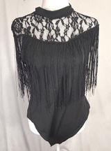 Fringe Lace Bodysuit Womens XL Black Mock Neck Western Clubwear‎ Festival Party Photo 0