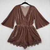 Velvet Romper Lace Trim Boho Festival Bell Sleeve Mauve Brown Festival Trendy S Photo 0