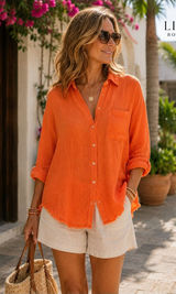 Aerie Womens S Pool to Party Gauze Shirt Orange Cotton Oversized Beach Cover Up Photo 0