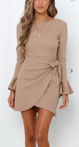 Hello Molly You for Me Beige Waffle Knit‎ Wrap Mini Dress Bell Sleeve US 6/M NEW Photo 0