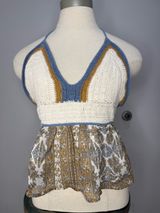 American Eagle Outfitters Cream Crochet Halter Top with Blue & Tan Accents Photo 0