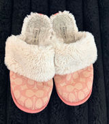 Coach Pink Signature Jacquard Faux Fur Clog Slippers Photo 0