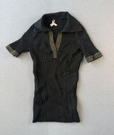 Cache Womens Black Studded Ribbed Knit Polo Top Short Sleeve Gold Studs Small Photo 0